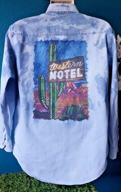 Vintage Acid Wash Denim Western Cowboy Shirt Cactus Hotel Long Sleeve Med Mens